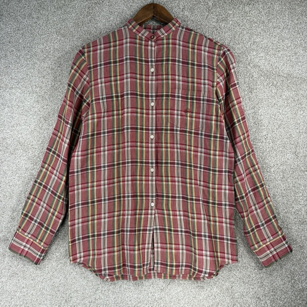 Lauren Ralph Lauren Linen Blouse S Plaid Roll Tab Sleeves Mandarin Collar Logo